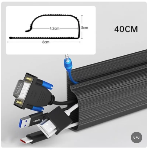 Cable manager with various cable ends and a measurement inset on a gray background