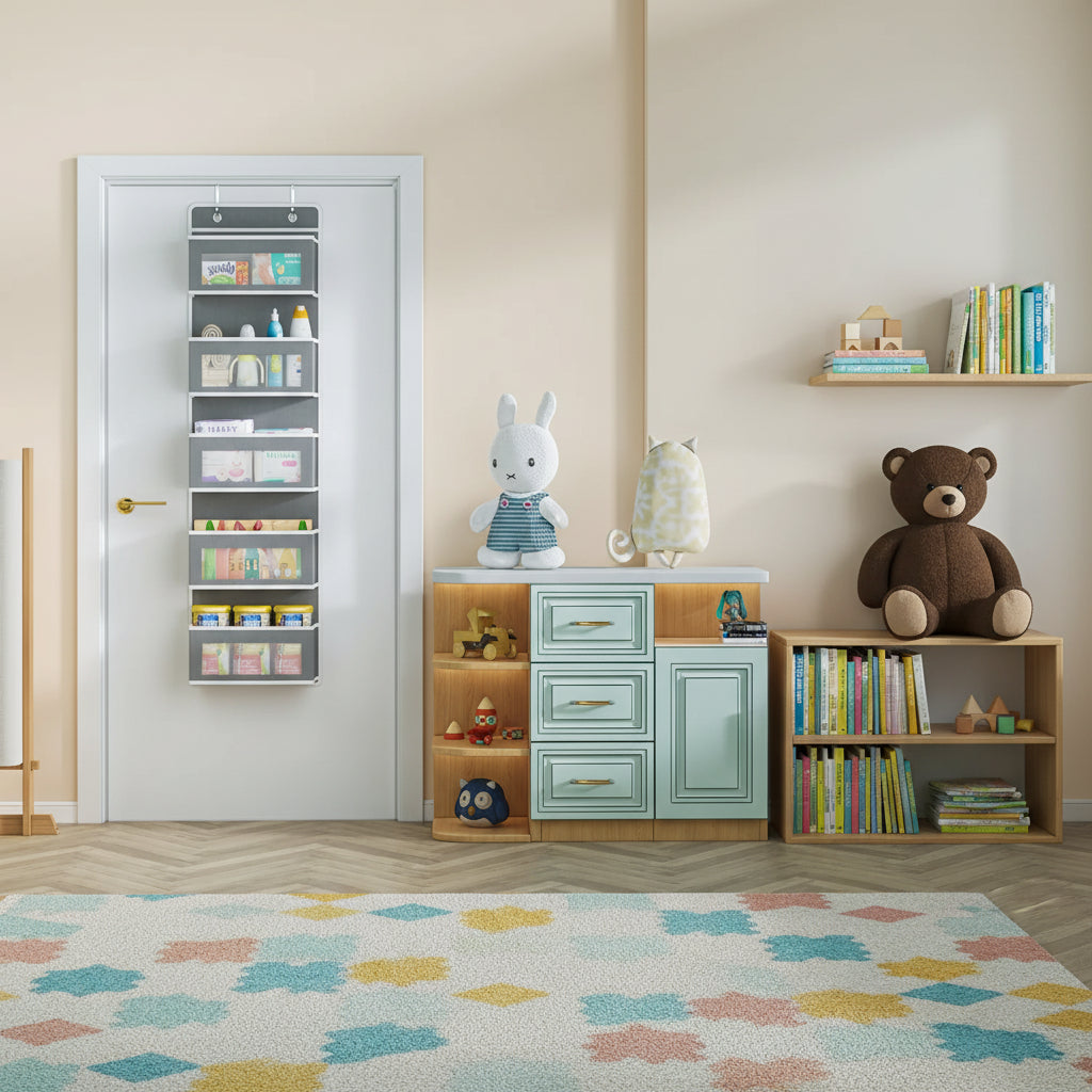 Room interior with a door storage solution and shelves against a light blue wall.