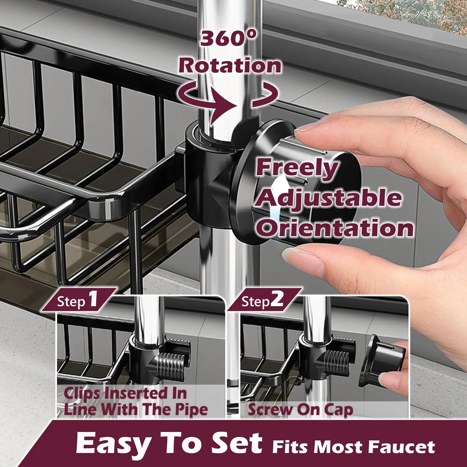 OVER the Sink | UNDER the Faucet 3-in-1 Kitchen Sink Organizer — Sponge, Soap, Towel